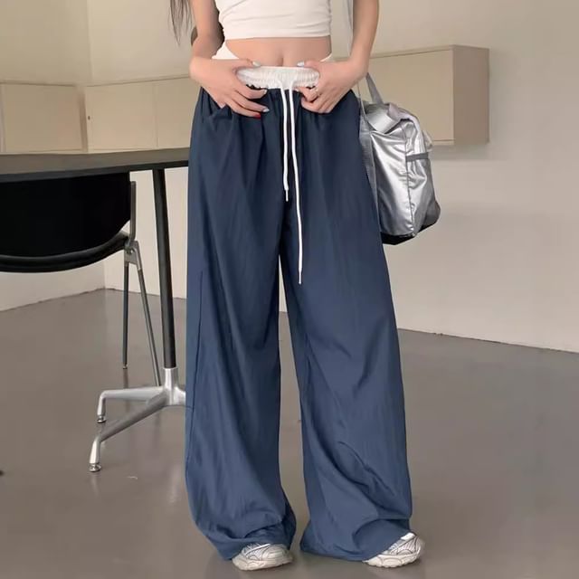 CRIBI-Drawstring Waist Contrast Trim Baggy Pants