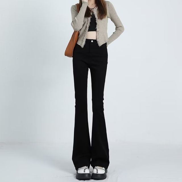 Wildfoea-High Rise Washed Bootcut Jeans