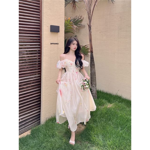 Ginger Girl - Puff-Sleeve Off-Shoulder Floral Midi Corset Dress | YesStyle