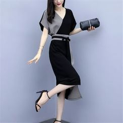 Solaria - Short-Sleeve Color Block Midi Chiffon Dress