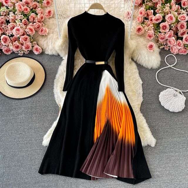 Long Sleeve Mock Two Piece Pleated Tie Dye Maxi Dress