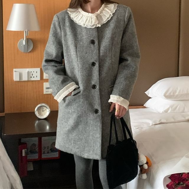 Jesong-Contrast Collar Melange Single-Breasted Coat