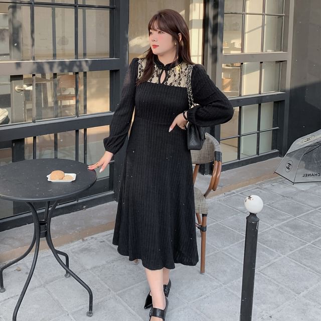 plus lace panelled midi dress Black Plus Lace Panelled Midi Dress