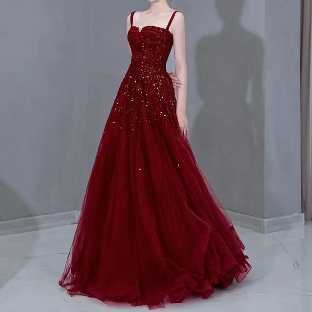 Fioridi-Spaghetti Strap Plain Sequin Mesh A-Line Evening Gown