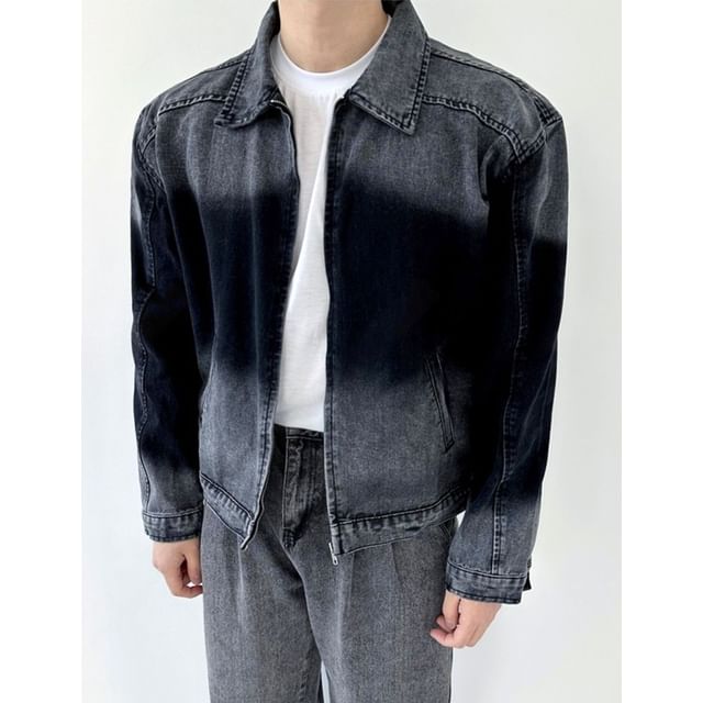 SeoulPop-Gradient Zip Denim Jacket