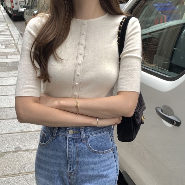 Tulstrix-Short-Sleeve Crewneck Plain Knit Top