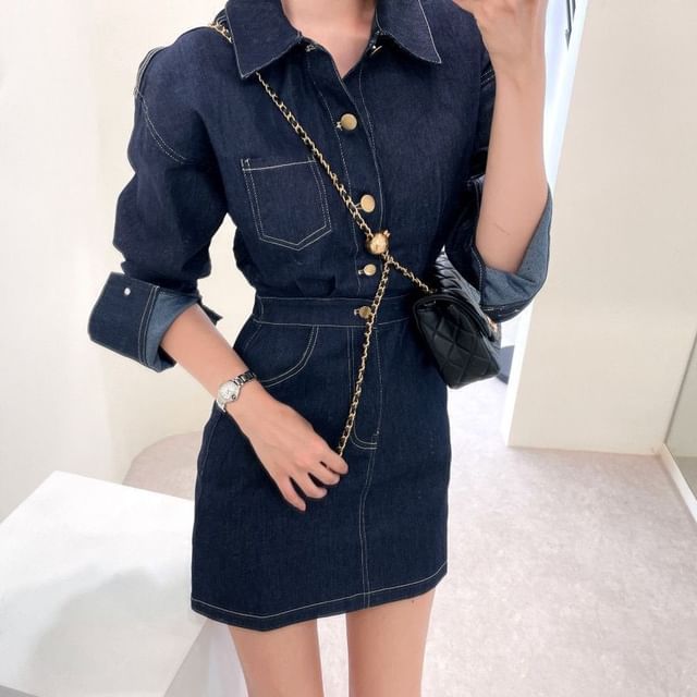 Tulstrix-Long Sleeve Collared Washed Button Mini Sheath Denim Dress
