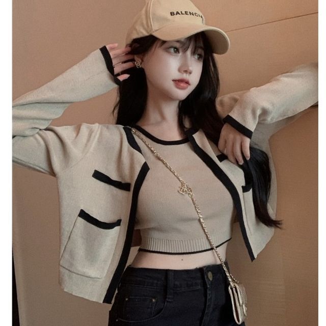 Ghic Contrast Trim Cardigan Sleeveless Knit Crop Top YesStyle