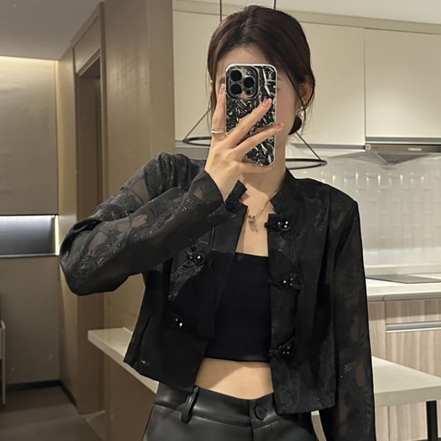 KUMI-Stand Collar Jacquard Frog Buttoned Crop Light Jacket