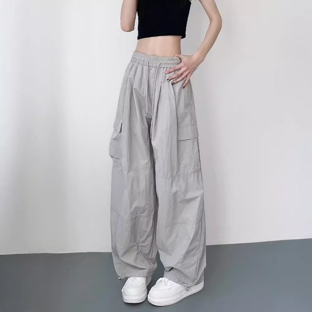 Dovitade-Drawstring Waist Plain Baggy Cargo Parachute Pants
