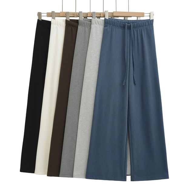 Ulark-Drawstring Waist Plain Wide Leg Sweatpants