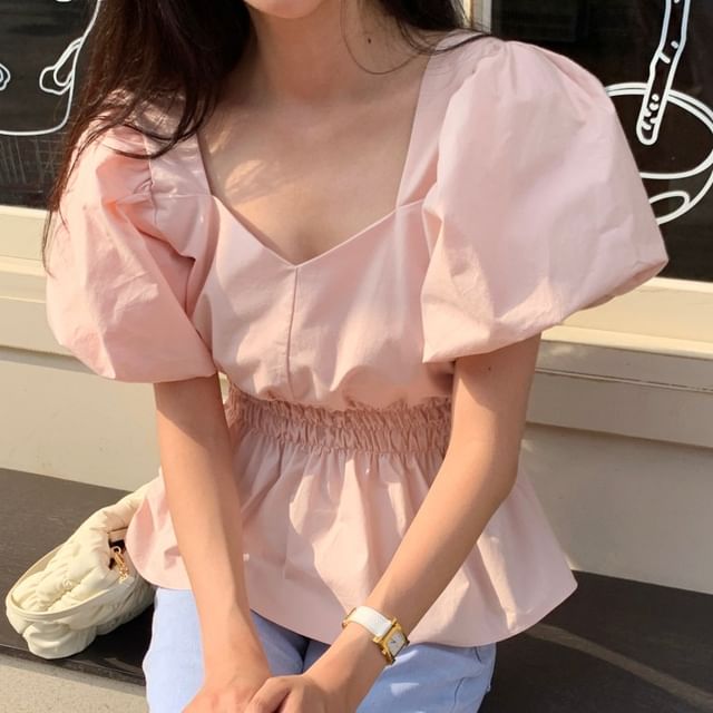 MIKIGA-Puff-Sleeve V-Neck Plain Peplum Blouse