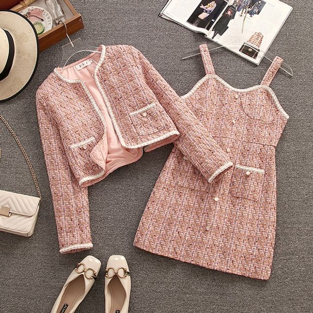 Set: Crew Neck Contrast Trim Tweed Cropped Hook And Eye Jacket + Wide Strap  Button A-Line Mini Dress