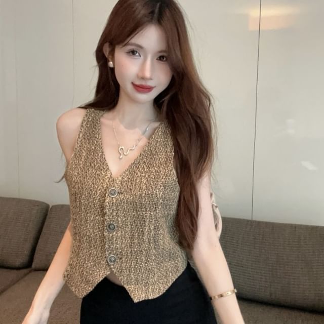 Whoosh-Sleeveless V-Neck Button-Up Tweed Crop Top