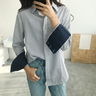 Tanee - Color-Block Striped Long-Sleeve Loose-Fit Blouse