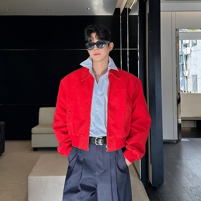Orungeetun-Collared Plain Zip Jacket