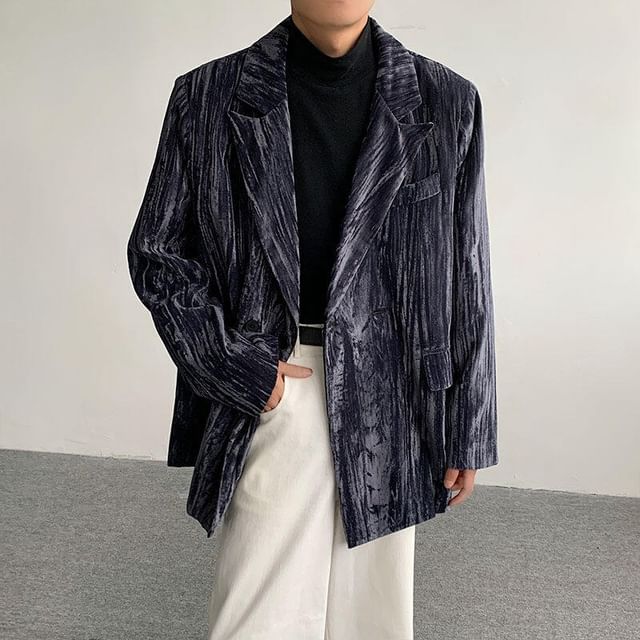 Orungeetun-Notch Lapel Plain Velvet Single Breasted Blazer