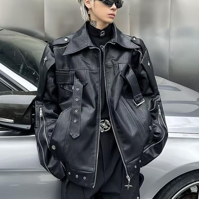 Real Boy-Collared Buckled Zip-Up Plain Faux Leather Biker Jacket