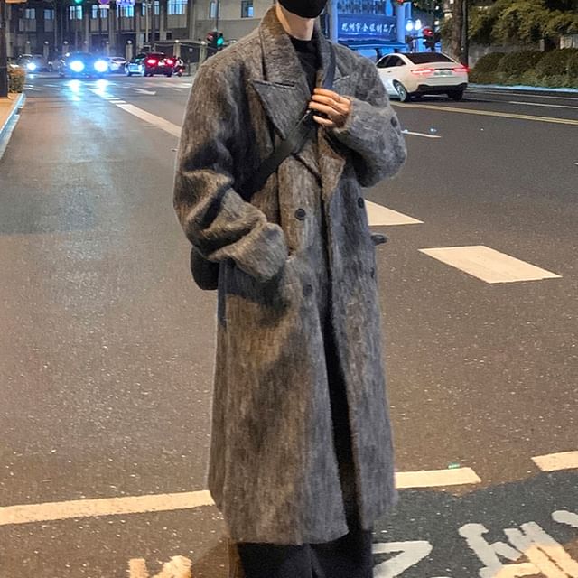 Posive-Lapel Collar Plain Double Breasted Long Coat