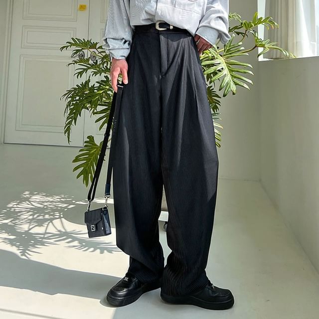 SeoulPop - Unisex High-Waist Striped Loose-Fit Suit Pants | YesStyle