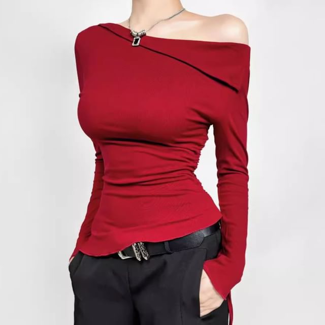 Asiris-Long Sleeve Cold-Shoulder Plain Slim-Fit Top