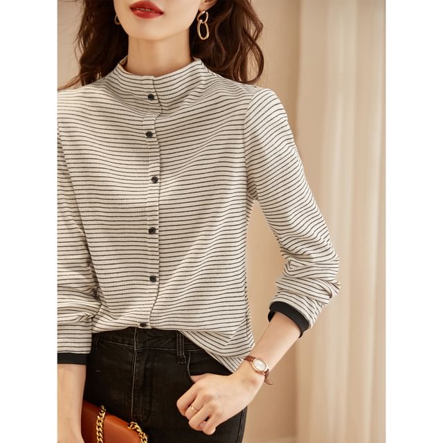Jeonseon-Long-Sleeve Mock Neck Striped Button Top