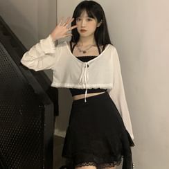 WIKPROM - Long-Sleeve Lace Trim T-Shirt / Cropped Camisole Top / Mini A-Line Skirt