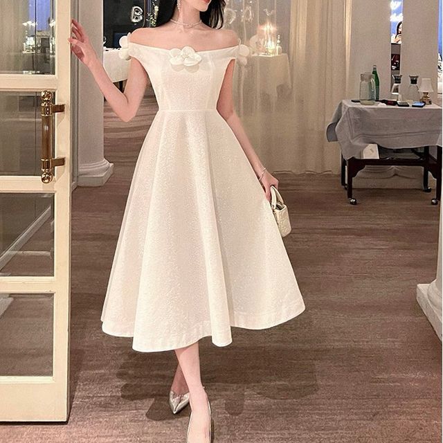 Maine - Short-Sleeve Off Shoulder Bow Midi A-Line Dress | YesStyle