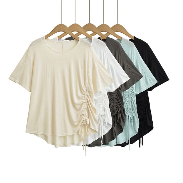 Asiris-Short Sleeve Plain Drawstring Loose-Fit Top