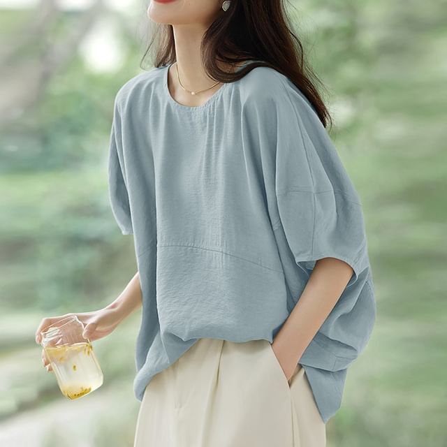 Jeonseon-Elbow Sleeve Round Neck Plain Top