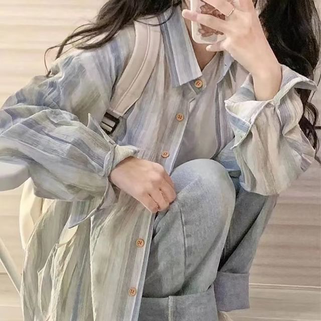 Happo-Long-Sleeve Tie Dye Button-Up Shirt