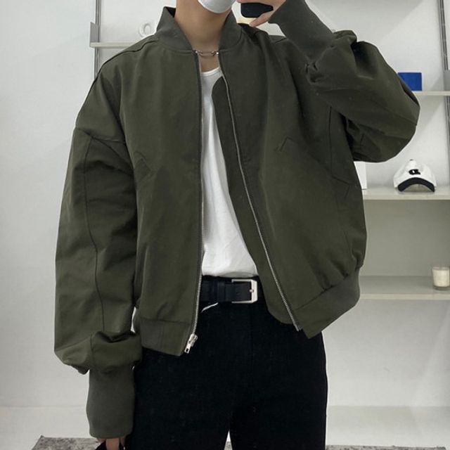 Okwano - Stand Collar Plain Zip Bomber Jacket | YesStyle