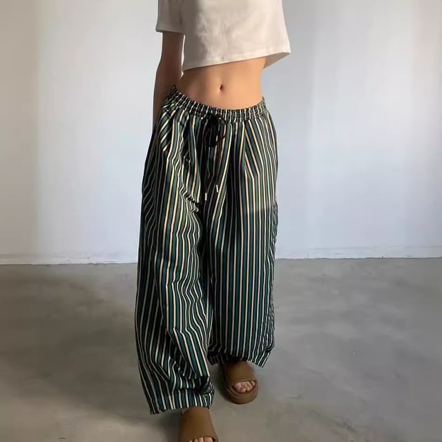 Bolgivy-Drawstring Waist Striped Baggy Pants