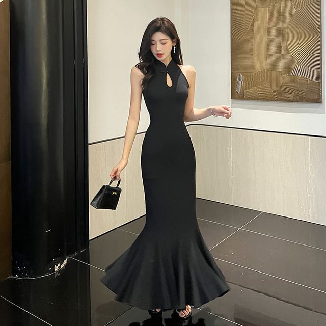 Odestra-Sleeveless Mandarin Collar Plain Frog Button Maxi Mermaid Dress