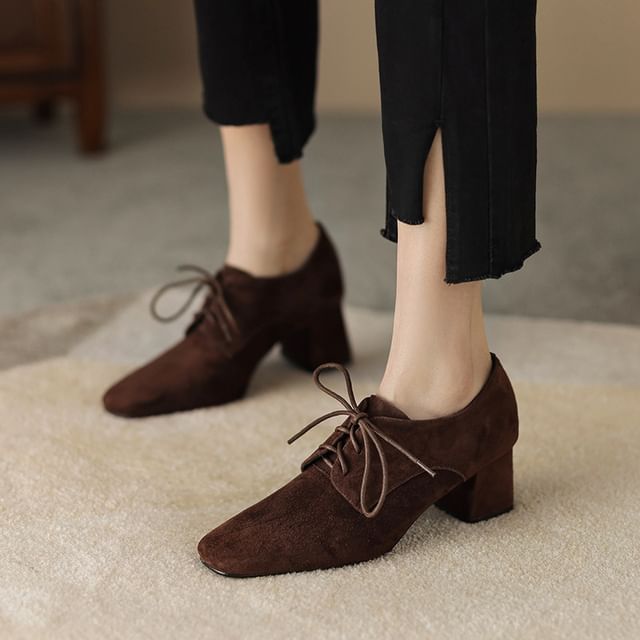 Cinnabelle-Square Toe Chunky Heel Lace-Up Shoes