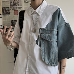INStudio - Elbow-Sleeve Denim Panel Shirt INStudio - Elbow-Sleeve Denim Panel Shirt