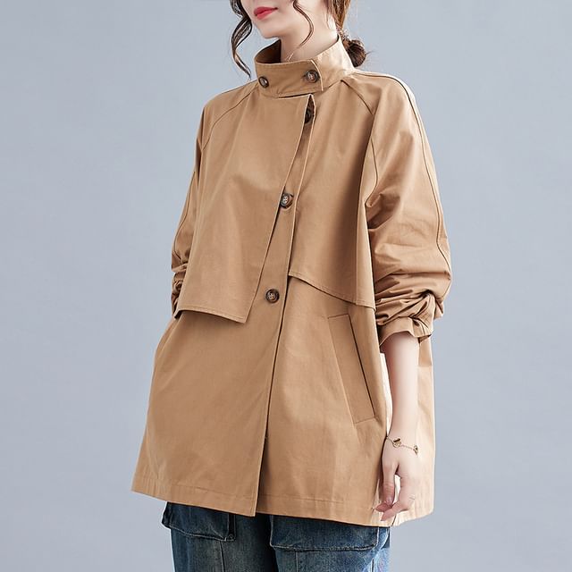 Supernova-Stand Collar Plain Single-Breasted Trench Jacket