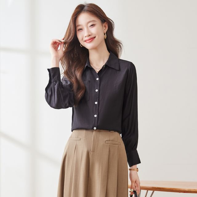 Skyheart-Long Sleeve Collared Plain Shirt