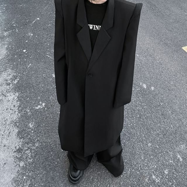 ravewider-Lapel Collar Plain Single Button Long Blazer