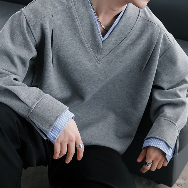 CHIC ERRO-V-Neck Striped Mock Two Piece Oversized Sweatshirt
