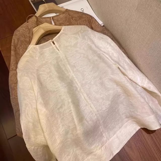 fluffush-Long-Sleeve Crew Neck Jacquard Shirt