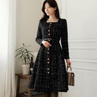 CHICLINE - Square-Neck Tweed Midi Dress with Belt | YesStyle