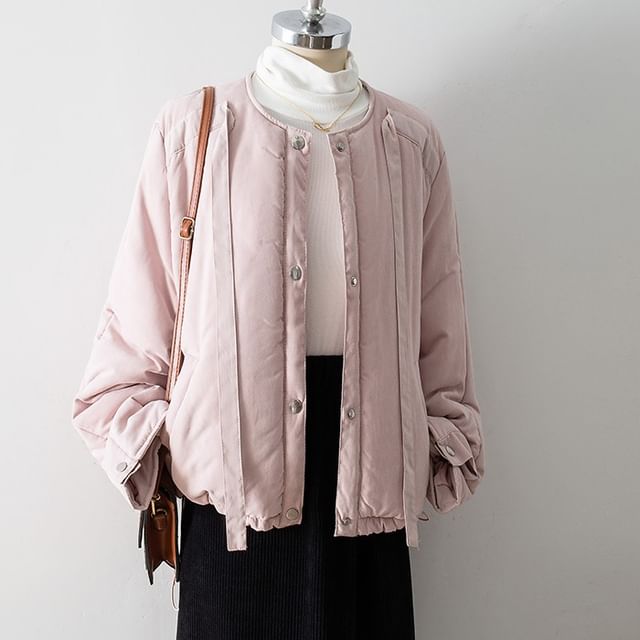 Cossita-Round Neck Plain Button Puffer Jacket