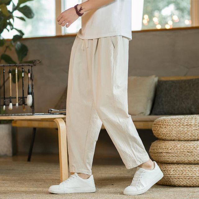 Phoneus-Drawstring Waist Plain Straight Leg Pants