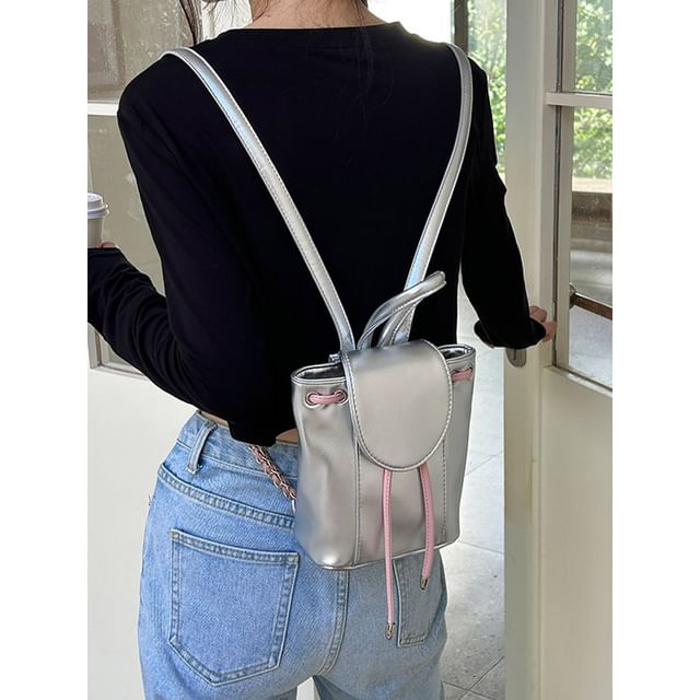 Basaran-Metallic Flap Drawstring Faux Leather Backpack