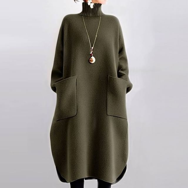Supernova-Turtleneck Plain Slit Midi Sweater Dress