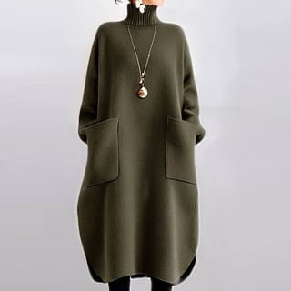 Supernova Turtleneck Plain Slit Midi Sweater Dress Sale