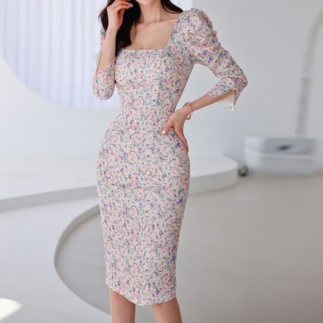 cotton tiered dress midi Teal Puff Sleeve Tiered Midi Dress