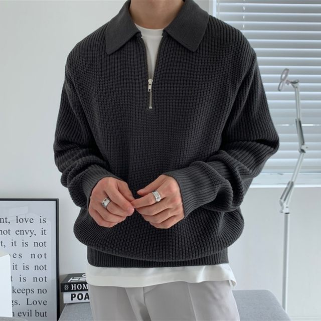 GRAYCIOUS - Collar Half-Zip Plain Sweater | YesStyle