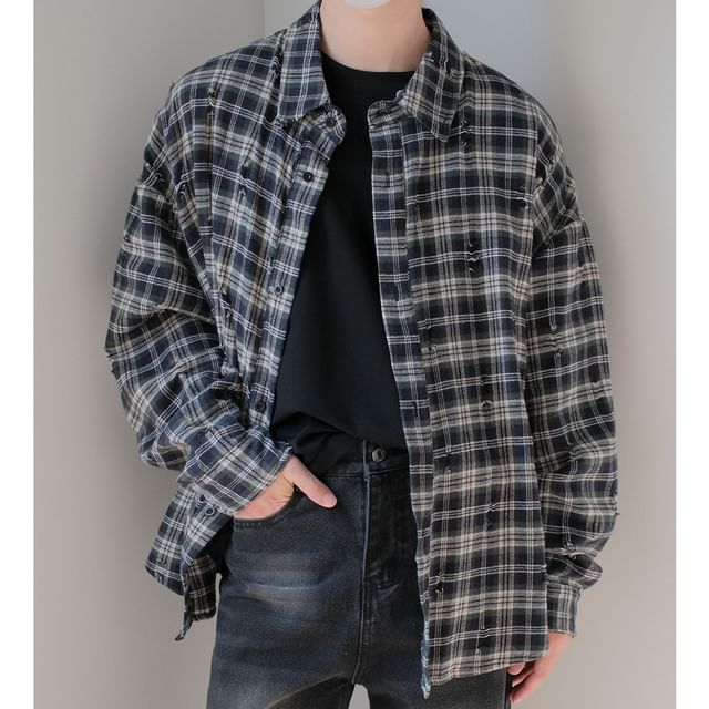 DAZO Studios-Long-Sleeve Plaid Distressed Shirt